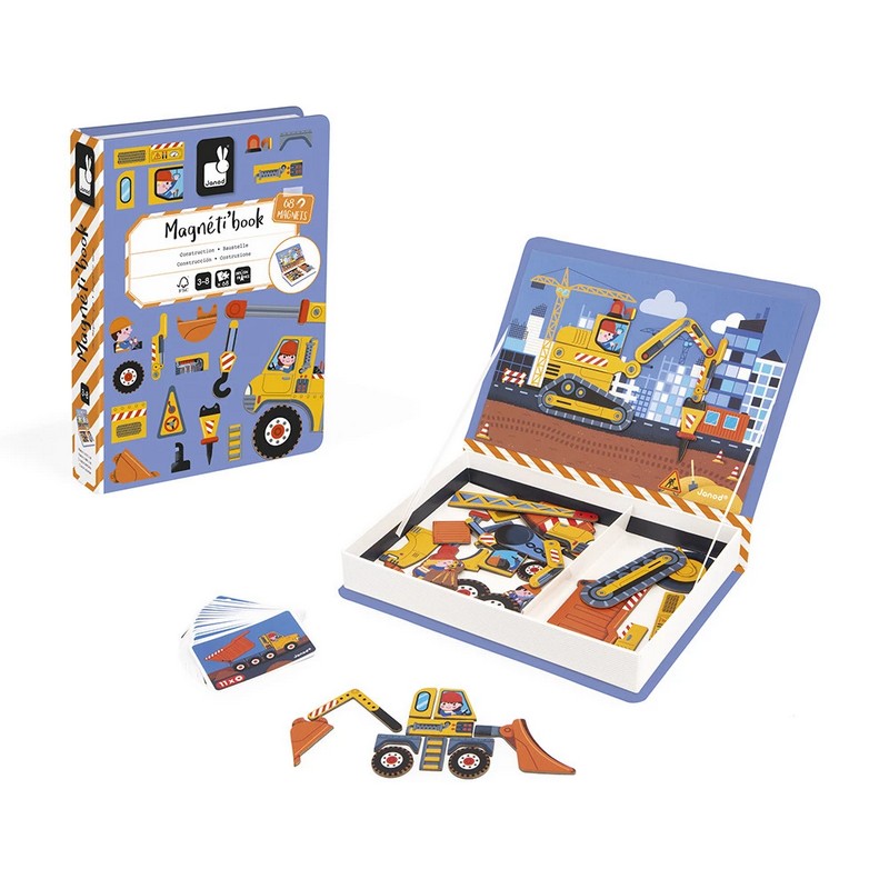 Libro magnetico per bambini a tema costruzioni con 50 magneti e 18 modelli da seguire